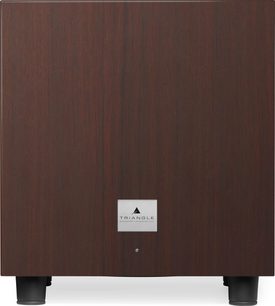 Trianglov Tales 340 orehov subwoofer, sprednji pogled, temna lesena sprednja plošča, kovinska ploščica z logotipom na sredini