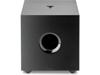 Focal CUB Evo svart subwoofer, frontvy, kubisk form, matt svart finish, centralt placerad rund högblank högtalare