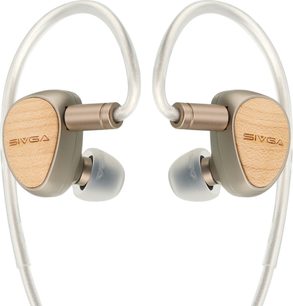 Sivga Que in-ear oordopjes in goudgrijs, lichtbeige geaderde frontjes en zilverkleurige kabel met oorhaken