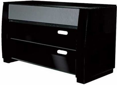 Blank, højglans sort Yamaha YEF-ST810 TV-møbel med integreret YSP900 soundbar, 2 skuffer, set forfra