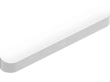 Mat beyaz Sonos Beam (2. Nesil) soundbar, önden görünüm, yuvarlatılmış dikdörtgen uzun form, beyaz akustik ızgara
