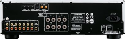 Onkyo A-9050 sort hi-fi stereoforstærker, bagside, analog og digital lydtilslutning, højttalerstik og strømstik