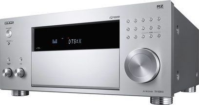 Onkyo TX-RZ810 sølvfarvet hjemmebiograf-forstærker, set forfra, sølvfarvet front med display, knapper og volumenkontrol