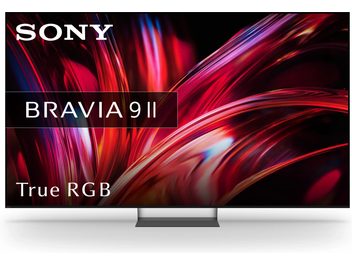 Téléviseur haute définition Sony BRAVIA 9 II vue de face, écran à bords fins, visuel abstrait rouge, pied central