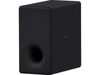Inbyggd subwoofer Sony SA-SW3, kubformad, svart färg, perspektivvy, Sony-logotyp synlig på sidan