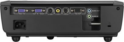 Optoma EX531p sort videoprojektor, bagside, audio-video-tilslutninger: VGA, S-Video, RS232, audio ind/ud