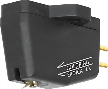 Goldring Eroica LX sort phono-pickup, set fra siden, med forgyldte nåle på et mat sort plastikboks