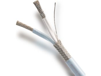 Supra Ply 3.4 Screened blue cable, two light gray and light blue twisted conductors in a dark gray braided jacket