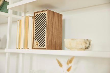 Altavoz rectangular de madera de nogal, frontal de metal dorado con rejilla diagonal negra y botón dorado, vista en tres cuartos