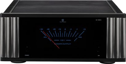 Multikanals effektforstærker Tonewinner AD-7300PA+ sort, glasfront med stort blåt vu-meter og sølvfarvede sider