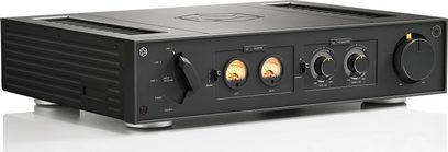 Стерео підсилювач Hi-Fi Rose RA280 чорний, передня панель, вид спереду. Чорна передня панель з кнопками, ручками та 2 аналоговими індикаторами рівня сигналу