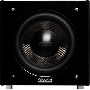 Sort højglans Velodyne SPL-X 10 subwoofer, set forfra, centralt kulfiber-enhed, kvadratisk kabinet på metalfødder