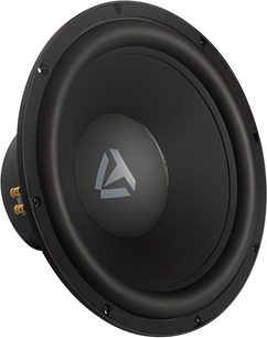 Tonewinner SW-D6000 sort subwoofer med stort, rundt højttalerelement set i trekvart profil, med gråt logo i midten