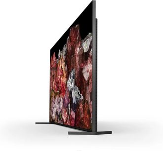 Sony 65X95L televiisori külgvaade, OLED-ekraanil on kujutatud abstraktne punane ja must maal valgel taustal