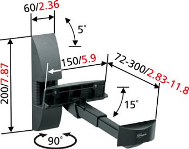 Vogel's VLB 200 sort højttalerenhed, eksploderet visning med dimensioner i mm og grader: 60/2,36 bred, 150/5,9 dyb, vinkler på 5°, 15° og 90°