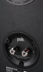 Reproduktor Polk Audio R100 v černé barvě, pohled shora, červené a černé konektory, nápis "ETF" na výškovém reproduktoru