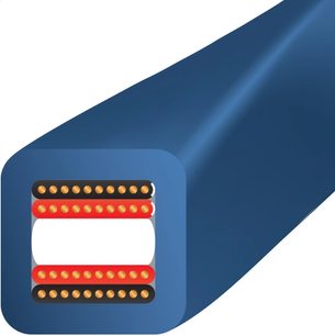 Cavo per altoparlanti o diffusori, sezione trasversale rettangolare, guaina blu, conduttori paralleli dorati, isolanti rosso e nero