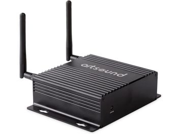 Smart Stream nettverkslydspiller, svart rektangulært kabinett, 2 vertikale antenner, perspektivvisning, logo på toppen