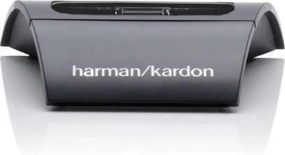 Harman Kardoni The Bridge III must multimeediakõlar, eestvaade, ümaranurgatega ristkülikukujuline, keskel valge logo