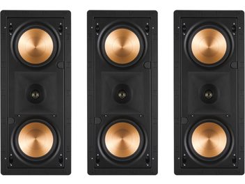 Sæt med tre indbyggede Klipsch PRO-250RPW LCR-væghøjttalere i sort med dobbelte kobberfarvede højttalerenheder