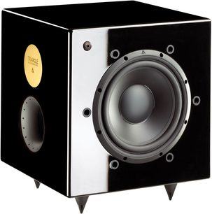 Triangle Meteor 0.1TC sort lakeret subwoofer, kubisk, grå højttaler, sort perforeret surround, sølvfarvede fødder