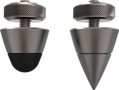 Klipsch KS-12 høyttalerstativ i grått metall, sett av to endestykker med konisk spiss og svart fotpute