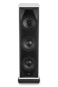 Колонен високоговорител Mofi Electronics SourcePoint 888 бял, черна предна част с три говорителя, изглед отпред