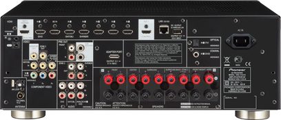 Pioneer VSX-1123-K sort hjemmebiografsforstærker, bagside, audio/video-tilslutninger, HDMI-stik, komponent-, optiske og koaksiale stik