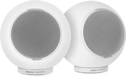 Elipson Planet L Performance 2.0 mat wit boekenplankluidsprekers, bolvormig ontwerp, ronde metalen grill, cilindrische voet