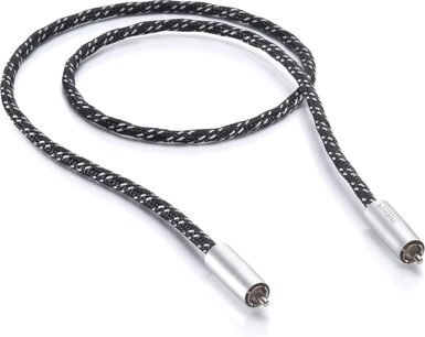 Due cavi audio RCA intrecciati neri con connettori RCA argentati, su sfondo bianco, vista dall'alto