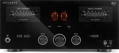 Integrovaný hi-fi zesilovač Advance Paris A12 Apex 30TH, pohled zepředu, čelní panel černé sklo/akryl, 2 VU metry, 2 elektronky, sluchátkové výstupy