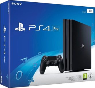 Blå PlayStation 4 Pro 1TB-æske med sort konsol og sort DualShock 4-controller, set forfra i perspektiv