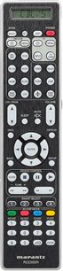 Sort Marantz RC035SR fjernbetjening med grå knapper og LCD-skærm, set forfra