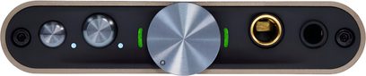 Frontansicht des tragbaren iFi Audio Hip DAC 3 Audio-Wandlers mit Tasten, Drehrad, Anschlüssen und LED-Anzeigen auf einem schwarzen Gehäuse