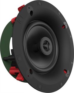 Must Klipsch CS-16-C II musta laesisene kõlar, eestvaade keskse kõlari ja punaste kinnitustega