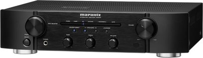 Marantz PM6004 sort hi-fi stereoforstærker set forfra, knapper og stik på forsiden, metalkabinet