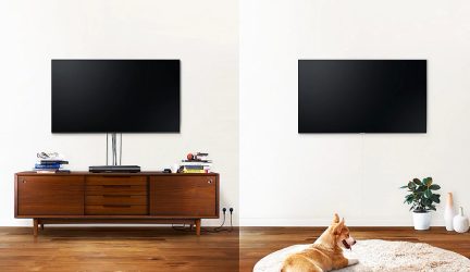 Træ-TV-møbel med to fladskærme, en hund der ligger på et tæppe, grøn plante i en hvid potte, set forfra