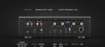 Lydforstærker med linje- og phono-indgange, forstærker- og højttalerudgange, HDMI-, USB-, micro SD-, LAN- og 24V strømforsyningsporte