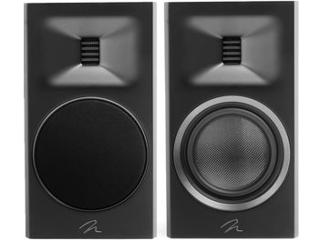 Cassa acustica Motion B10 nero laccato con due unità, una con griglia circolare nera e una con altoparlante visibile argentato
