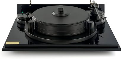 Винилов грамофон Michell Engineering Orbe Black, дебел стъпаловиден метален плотер, гланцово черно шаси, тонарм вдясно, изглед отпред