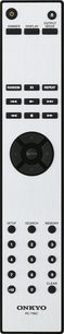 Onkyo RC-796C fjernbetjening med knapper til afspilningskontrol, valgmulighed og numerisk tastatur, hvid og sort kabinet