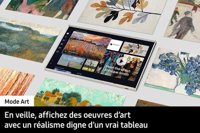 Samsung TQ43LS03FAU 2025 højopløsnings-tv i kunsttilstand med interface, der viser kunstværker og tynd ramme set ovenfra