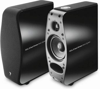Two black Focal XS Book Wireless multimedia speakers, front view, with visible speakers and control buttons
