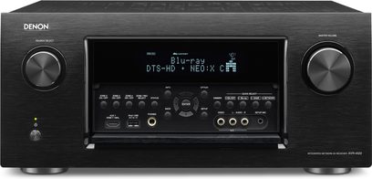Denon AVR-4520 Schwarz Heimkino-Verstärker, Frontansicht, blaue Anzeige, silberne Tasten und Regler, 2 schwarze Drehregler