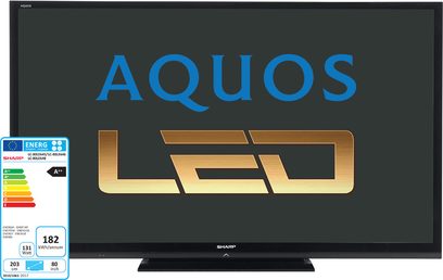 Front view of Sharp LC-80LE645E TV displaying the "AQUOS" logo and European energy label