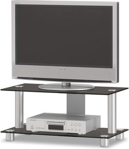 Sort glasmøbel til TV med aluminiumsramme, 2 hylder, indbygget DVD-afspiller og cylindriske ben