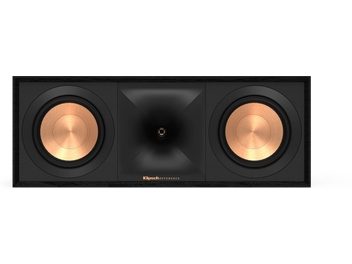 Osrednji zvočnik Klipsch R-50C črne barve, 2 zlata nizkotonca, osrednji visokotonec, pogled od spredaj