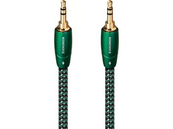 Audioquest Evergreen analog audio cable, Jack/Jack 5 m green, front view of two straight 3.5 mm gold-plated connectors, green metal barrels with the Evergreen inscription, and black and green braided sleeve