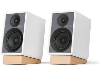 Φορητά ηχεία bluetooth GX-30ARC λευκά, όψη από μπροστά, λευκά ορθογώνια κουτιά, γκρι πρόσοψη, βάσεις από ανοιχτόχρωμο ξύλο