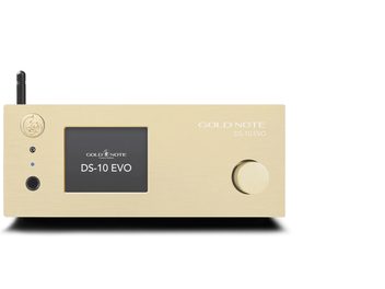 Gold Note DS-10 EVO nettverksmottaker i gullfinish, med sentral skjerm, rotasjonsknapp til høyre og antenne på baksiden
